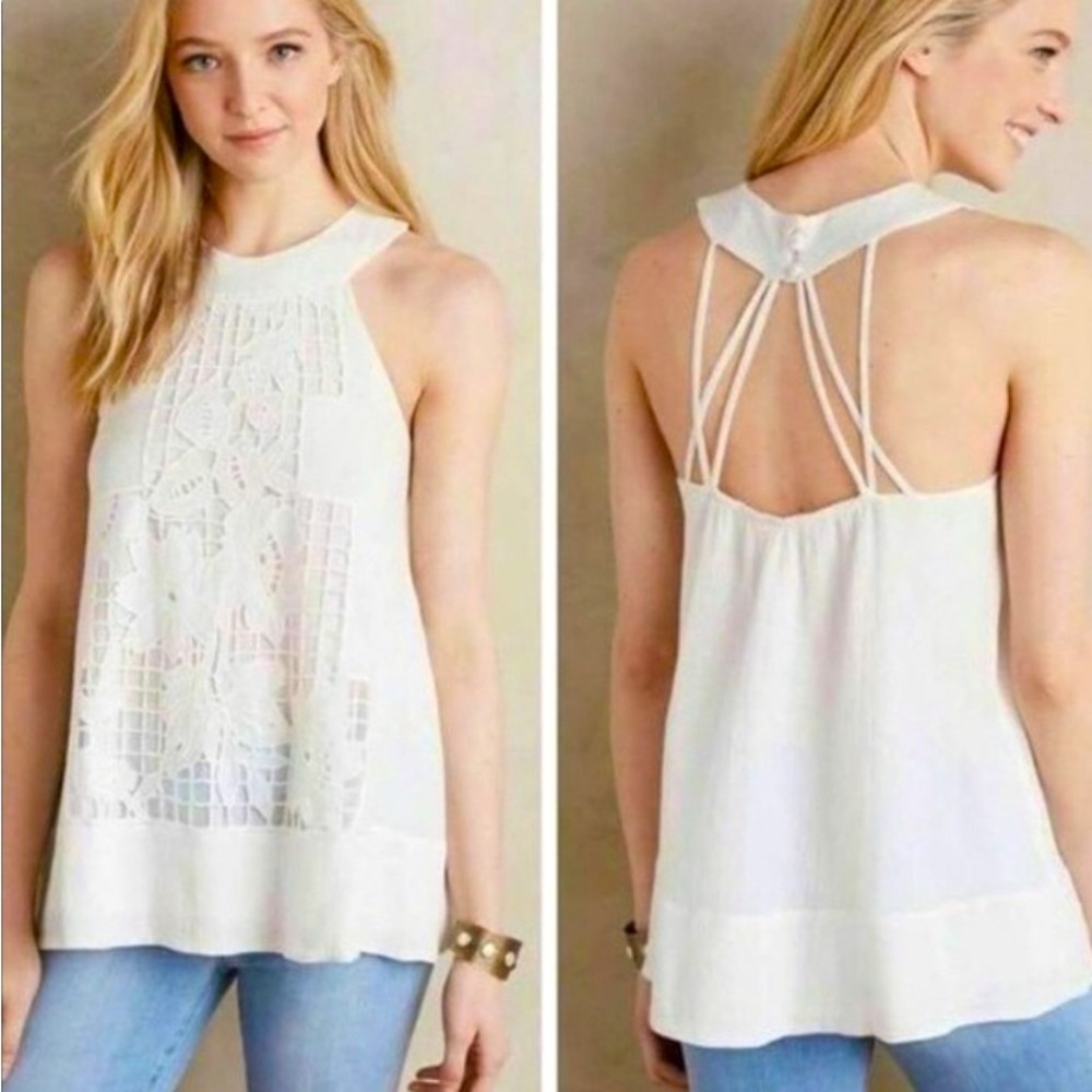 Anthro Floreat White Floral Crochet Lace Overlay Gauzy Halter Blouse Tank Top